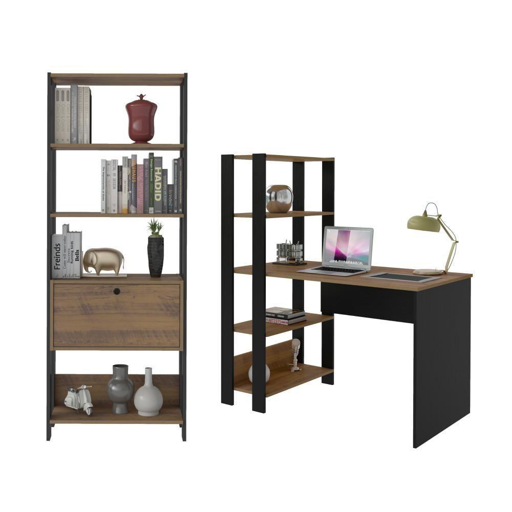 Conjunto Home Office Match C/ Escrivaninha E Estante Pinho/preto Artely Pinho/preto - 1