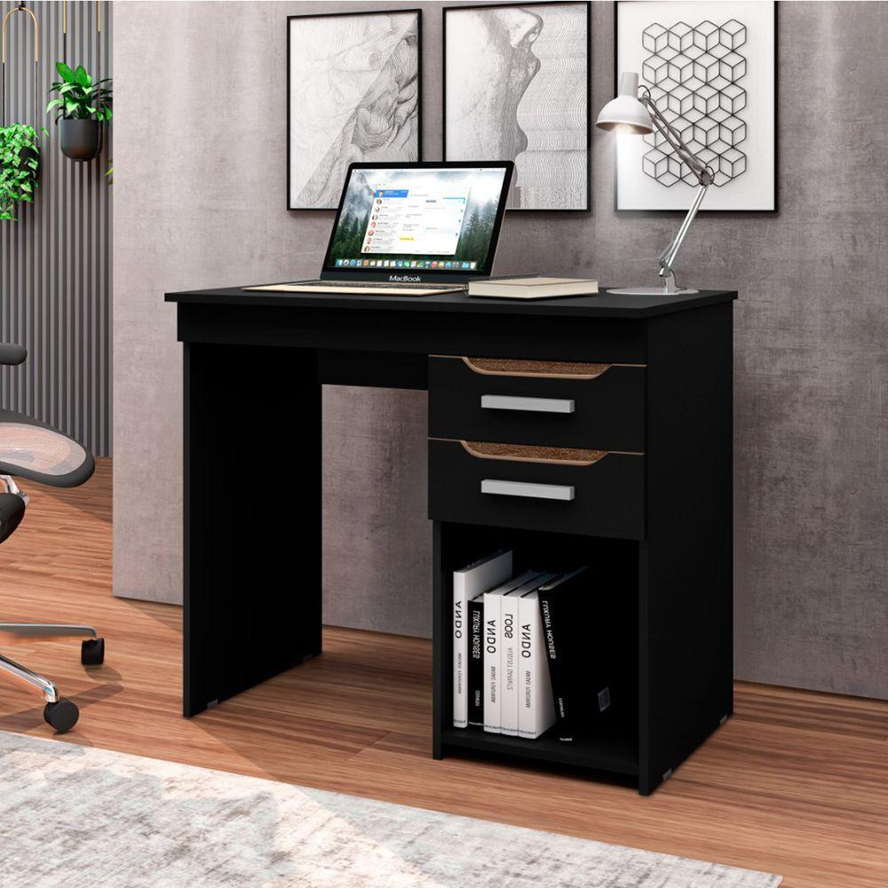 Mesa Escrivaninha Veneza Para Computador 90cm Com 2 Gavetas - Preto - 1