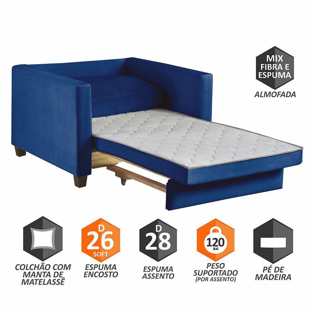 Sofá Cama 1 Lugar 100 Solteiro Veludo Paris Azul C/ Castanho - 5