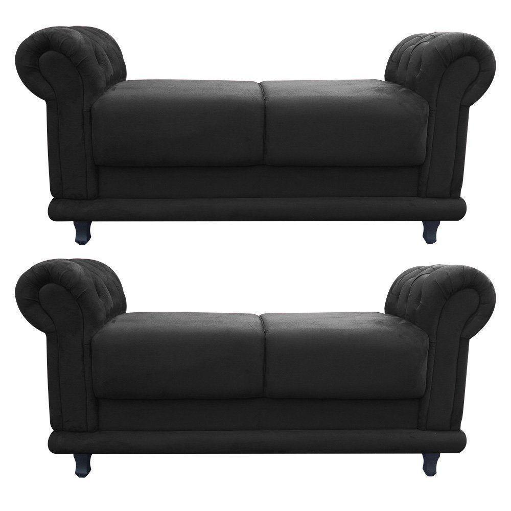Kit com 2 Recamier Barcelona Namoradeira Suede Preto D'Rossi - 1