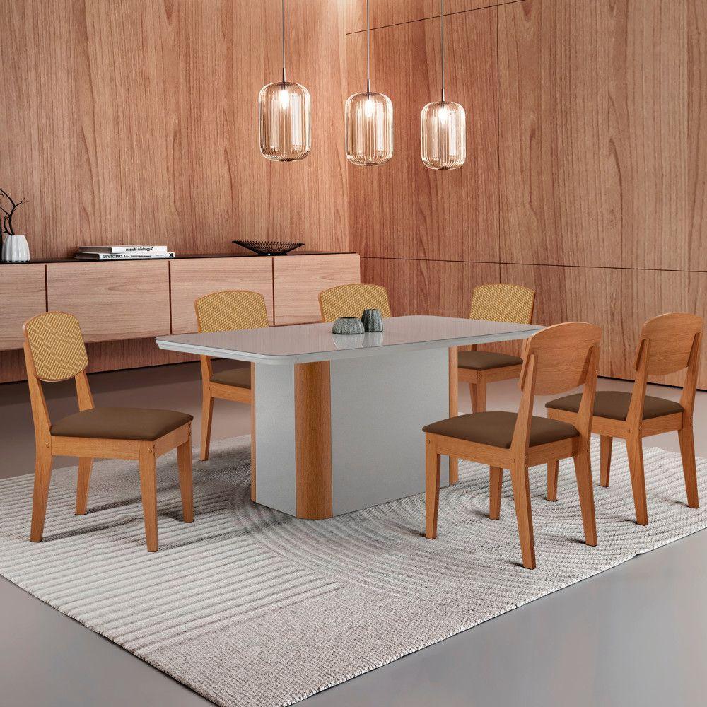 Mesa De Jantar Isadora 180cm Tampo Mdf Vidro Com 6 Cadeiras Veludo Marrom/off/nat/serig Off - 1