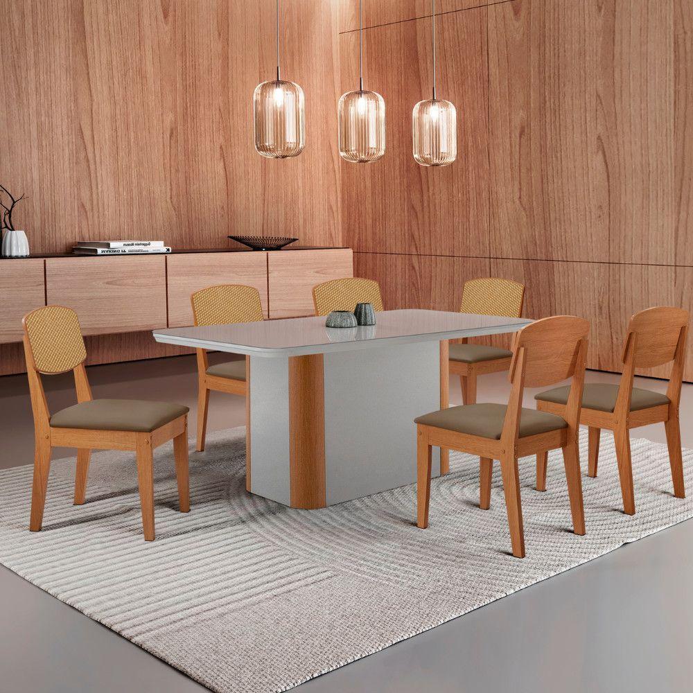 Mesa De Jantar Isadora 180cm Tampo Mdf Vidro Com 6 Cadeiras Vel Capuccino /off /naturale /serig Off - 1