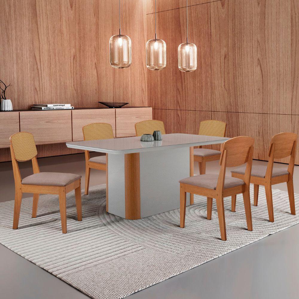 Mesa De Jantar Isadora 180cm Tampo Mdf Vidro Com 6 Cadeiras Lin Capuccino /off /naturale /serig Off - 1