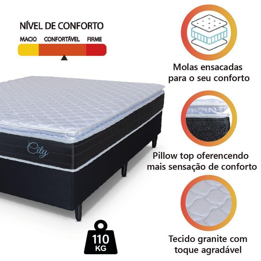 Cama Box Casal Queen Colchão Com Molas Ensacadas City Pillow Top 158x198x61cm Preto/branco Hellen - 5