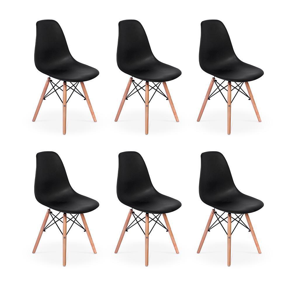 Conjunto 6 Cadeiras Charles Eames Eiffel Wood Base Madeira - Preta - 1