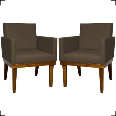 Kit 2 Poltronas Decorativa Para Sala Recepção Consultório Escritório Base Em Madeira Divine Corino