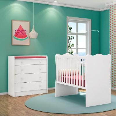 Conjunto Quarto Infantil Cômoda e Berço Louis 4 Gavetas MDF MDP 83 cm Branco QMOVI