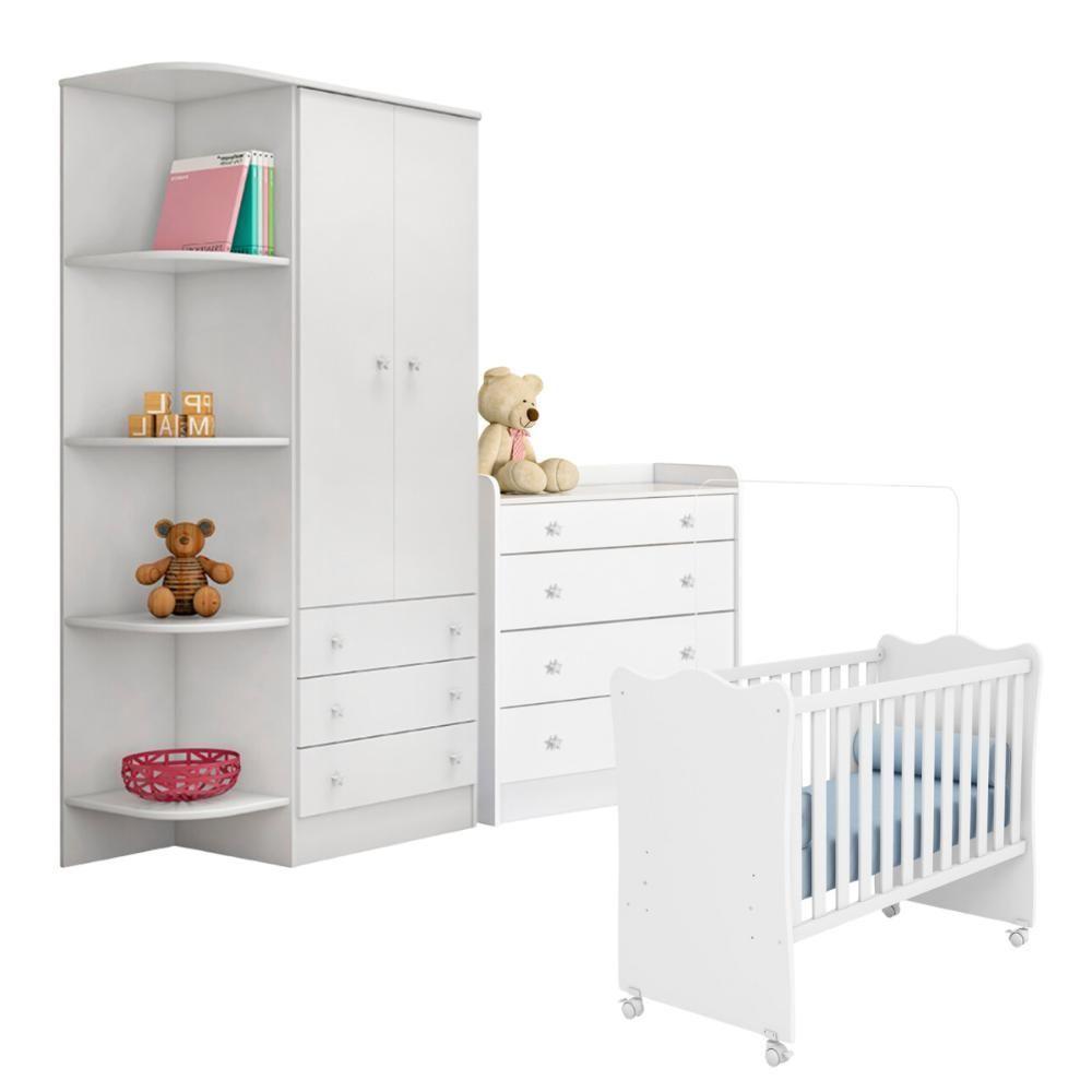 Berço Doce Sonho Branco + Kit Rodízio + Cômoda C/ Trocador + Guarda-roupa 2p Doce Sonho - 10