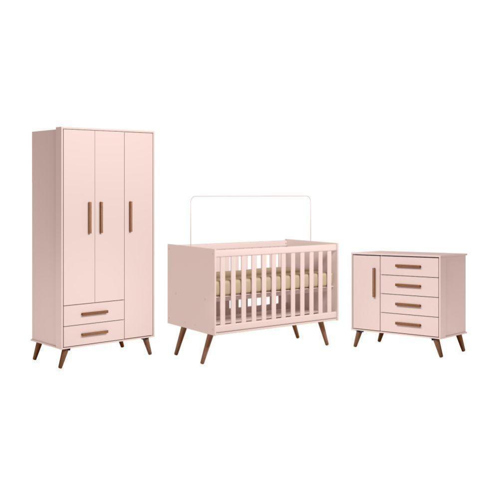 Berço Q Encanto Retrô Rosa + Guarda-roupa 3p/2g + Cômoda Sapateira 4g Q Encanto Retrô Rosa - 4