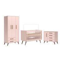 Berço Q Encanto Retrô Rosa + Guarda-roupa 3p/2g + Cômoda Sapateira 4g Q Encanto Retrô Rosa