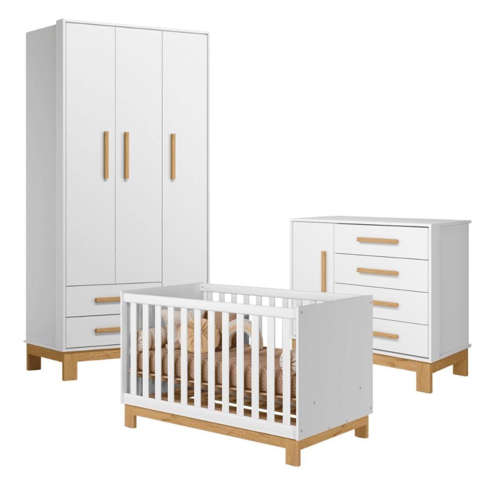Conjunto Infantil Encanto Branco Acetinado: Berço Encanto Mini Cama + Cômoda Encanto + Guarda-roupa Encanto - 2