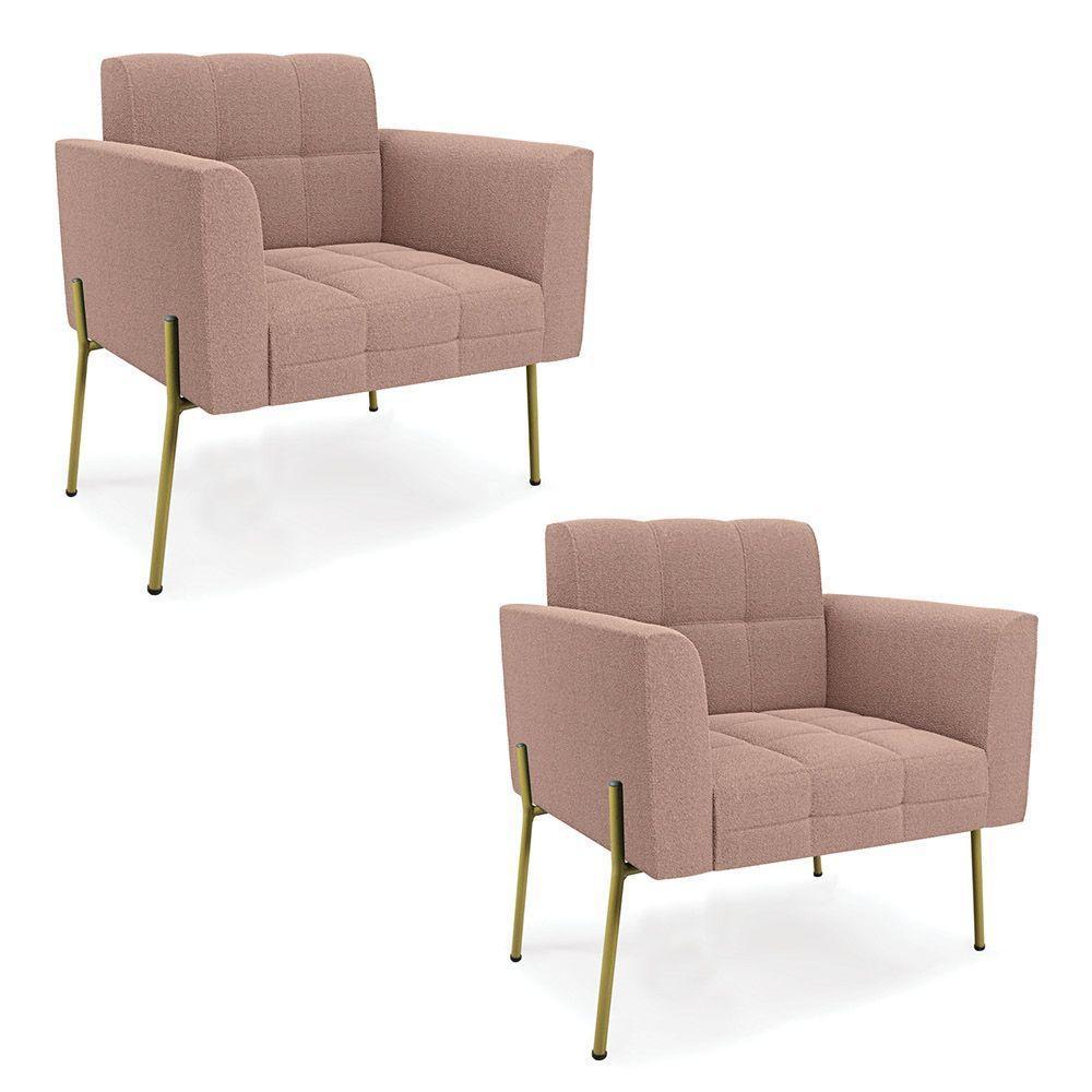 Poltrona Sala Estar Pé Ferro Dourado Kit 2 Elisa Bouclê D03 - D?rossi Cor Rose - 1
