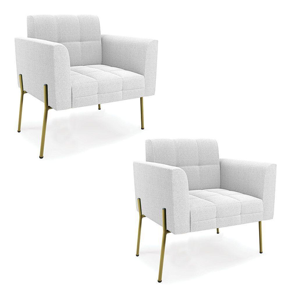 Poltrona Sala Estar Pé Ferro Dourado Kit 2 Elisa Bouclê D03 - D?rossi Cor Off White - 1