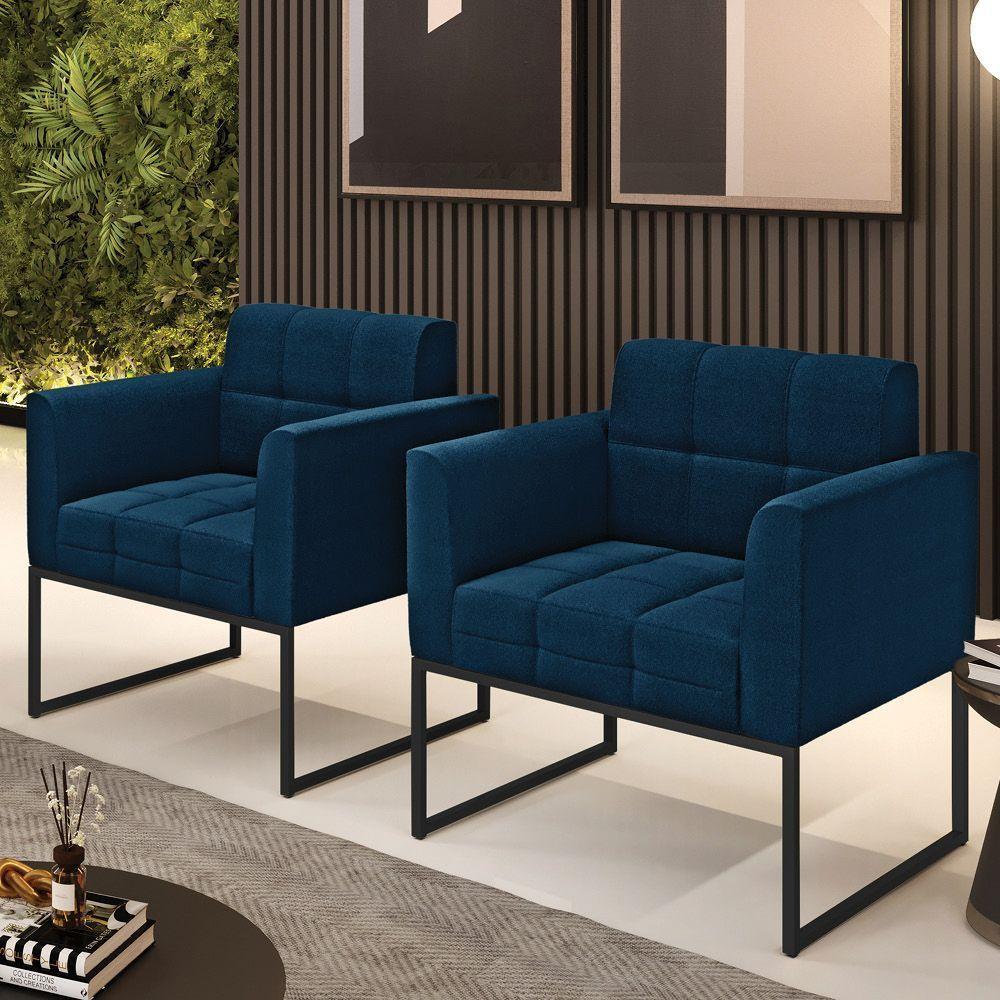 Poltrona Decorativa Industrial Preto Kit 2 Elisa Bouclê D03 - D?rossi Cor Azul - 5