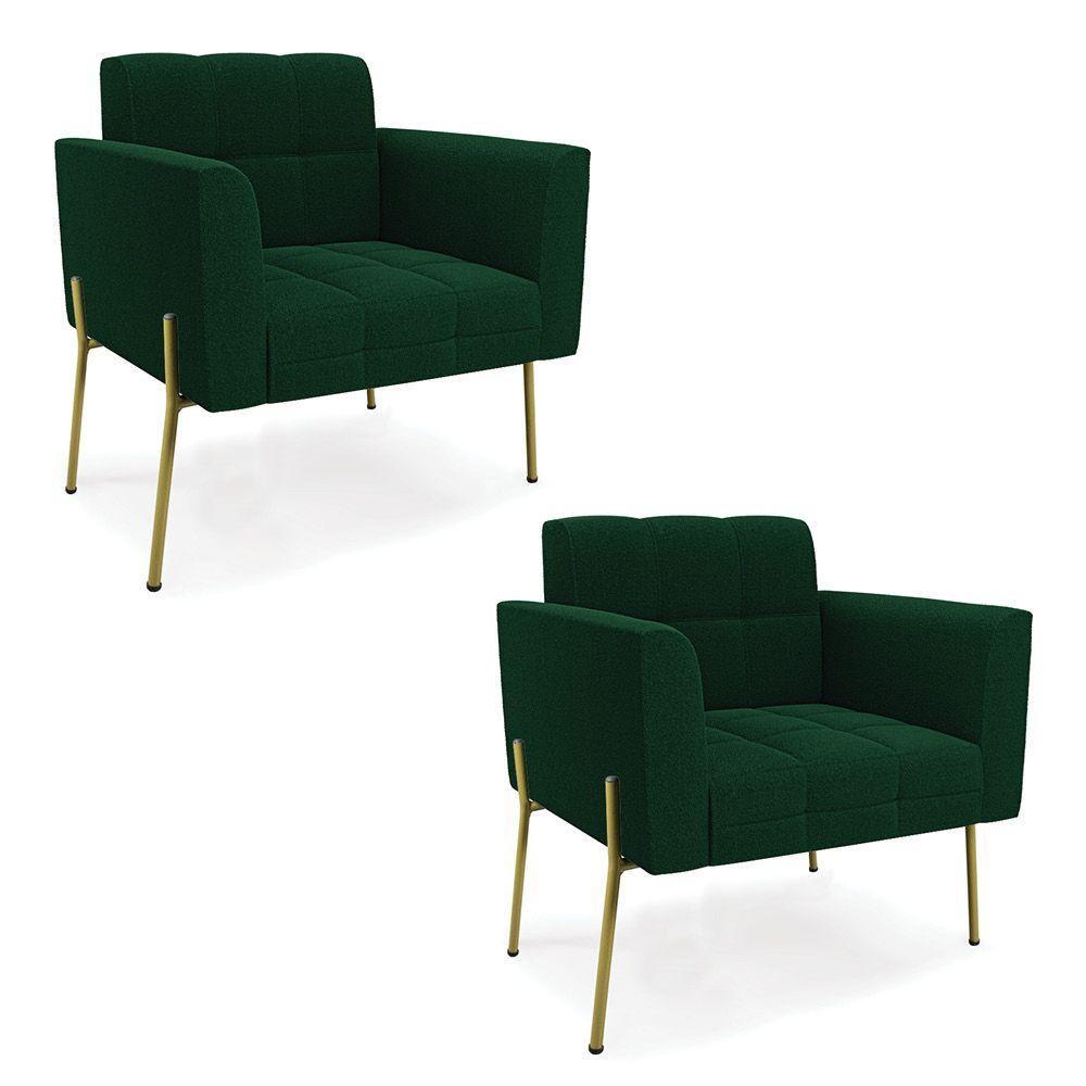 Poltrona Sala Estar Pé Ferro Dourado Kit 2 Elisa Bouclê D03 - D?rossi Cor Verde - 1