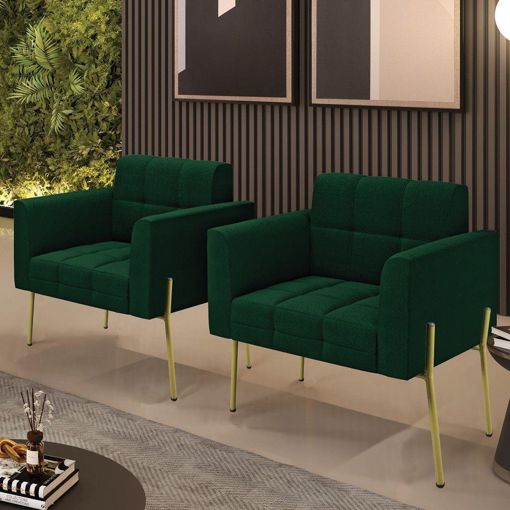 Poltrona Sala Estar Pé Ferro Dourado Kit 2 Elisa Bouclê D03 - D?rossi Cor Verde - 2