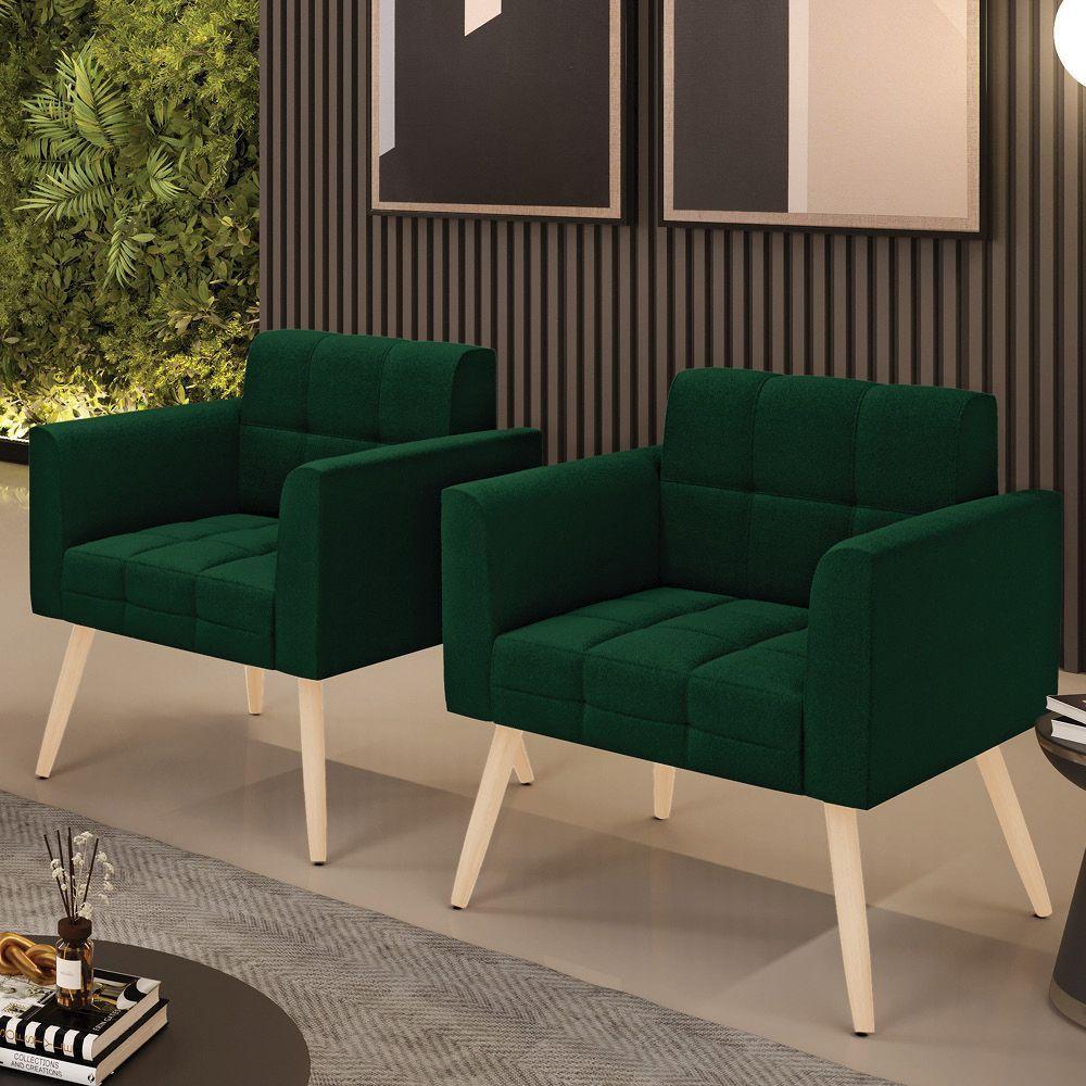 Poltrona Sala Estar Pé Palito Natural Kit 2 Elisa Bouclê D03 - D?rossi Cor Verde - 8