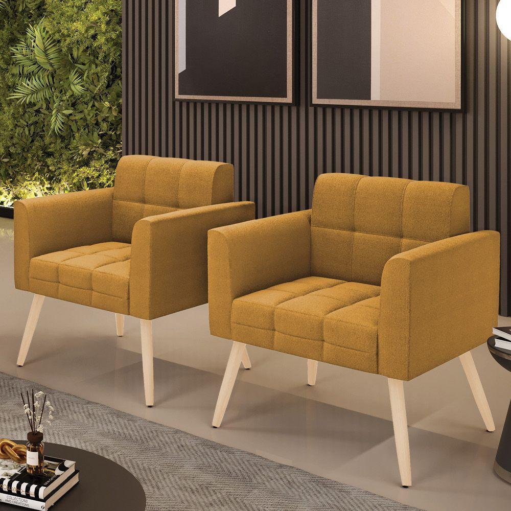 Poltrona Sala Estar Pé Palito Natural Kit 2 Elisa Bouclê D03 - D?rossi Cor Mostarda - 3