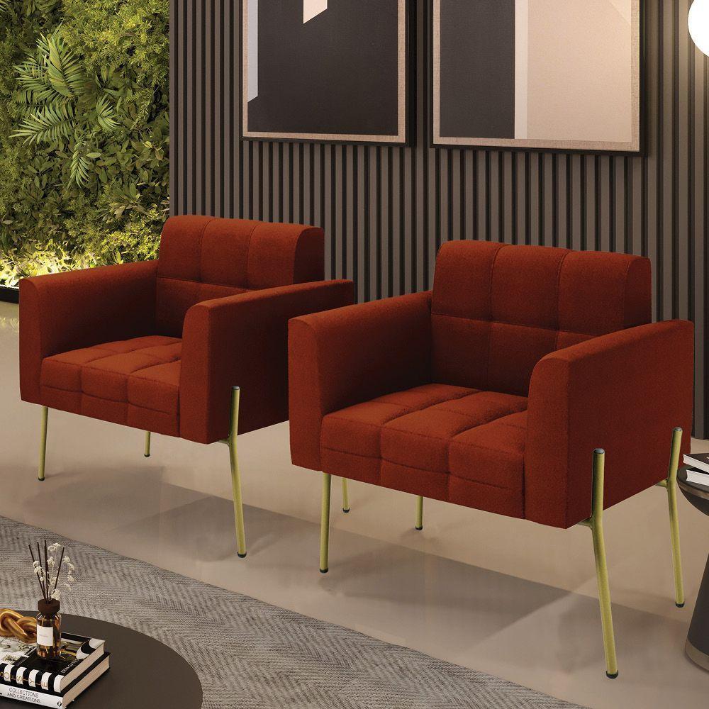 Poltrona Sala Estar Pé Ferro Dourado Kit 2 Elisa Bouclê D03 - D?rossi Cor Terra - 2