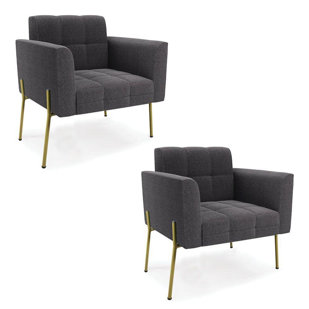 Poltrona Sala Estar Pé Ferro Dourado Kit 2 Elisa Bouclê D03 - D?rossi Cor Grafite - 1