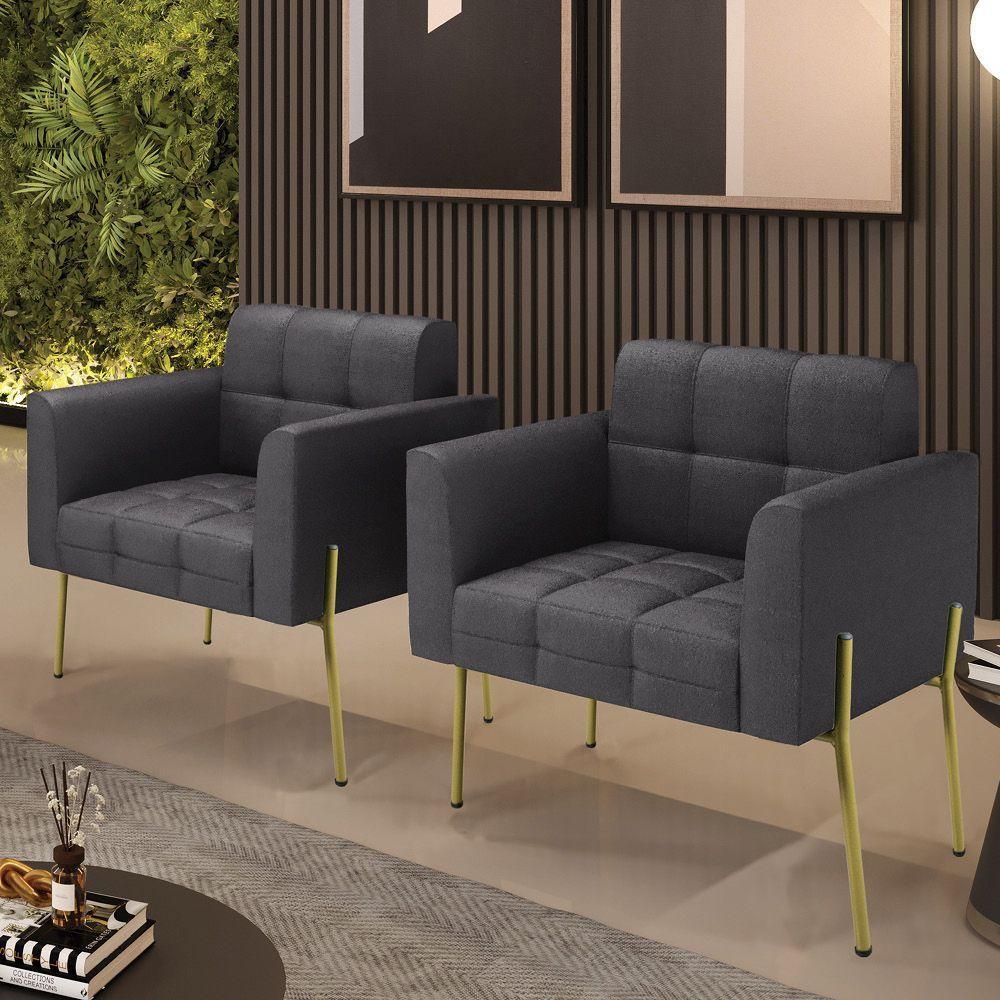 Poltrona Sala Estar Pé Ferro Dourado Kit 2 Elisa Bouclê D03 - D?rossi Cor Grafite - 2