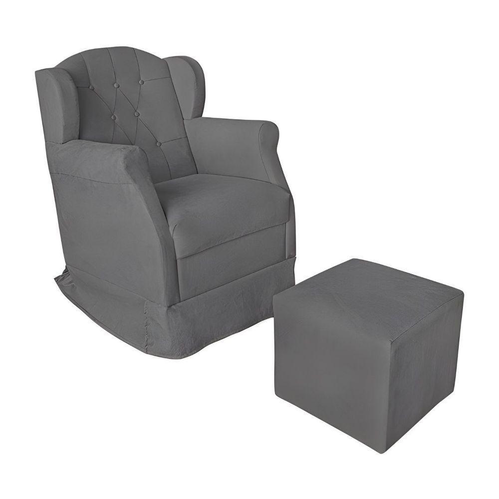 Kit Poltrona Amamentação Com Puff Confortável Serena Suede Cinza - 1