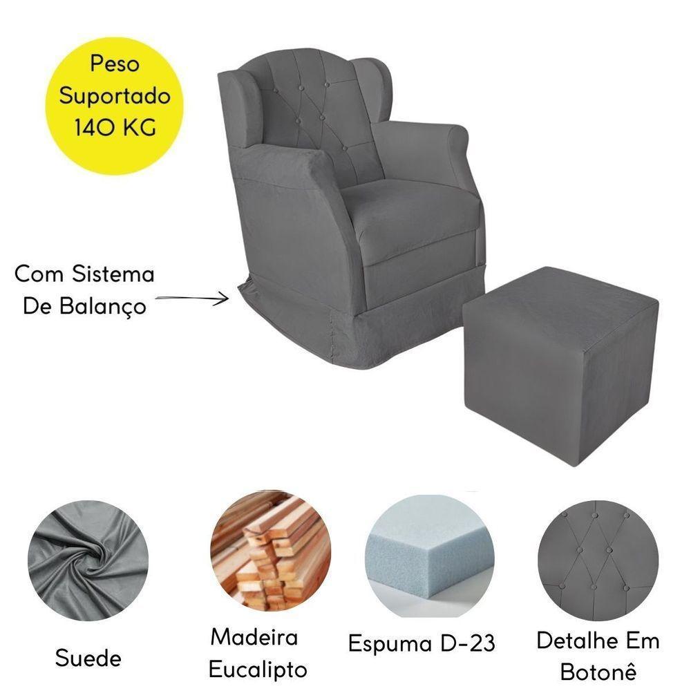 Kit Poltrona Amamentação Com Puff Confortável Serena Suede Cinza - 3
