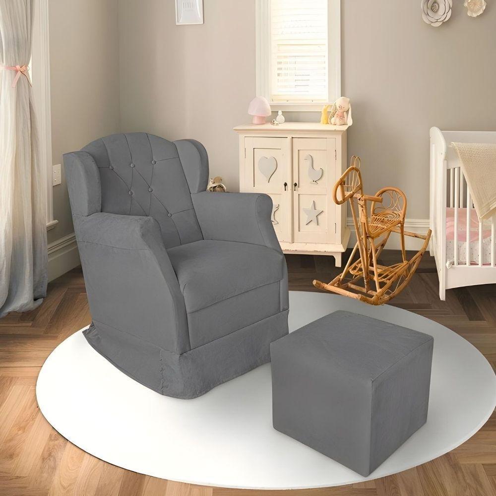 Kit Poltrona Amamentação Com Puff Confortável Serena Suede Cinza - 5