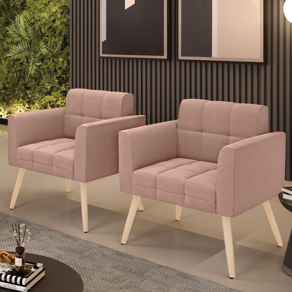 Poltrona Sala Estar Pé Palito Natural Kit 2 Elisa Bouclê D03 - D?rossi Cor Rose - 6