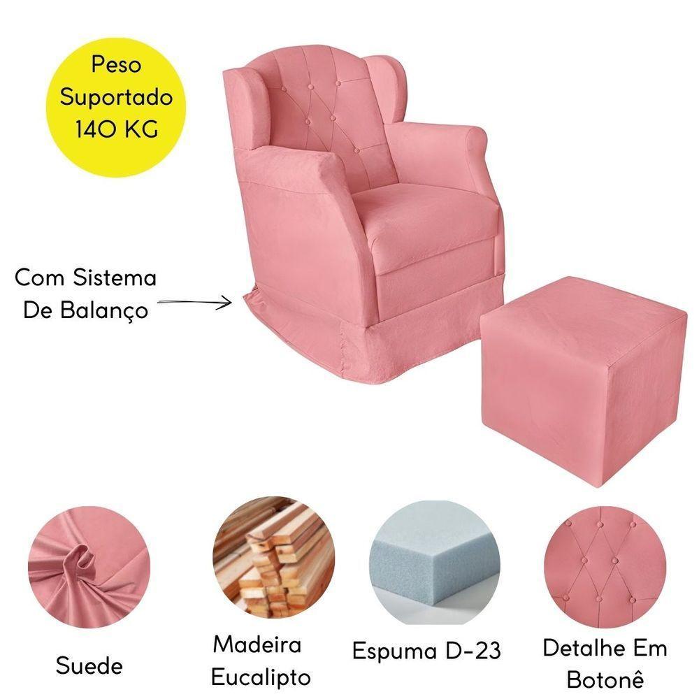 Kit Poltrona Amamentação Com Puff Confortável Serena Suede Rosê - 4