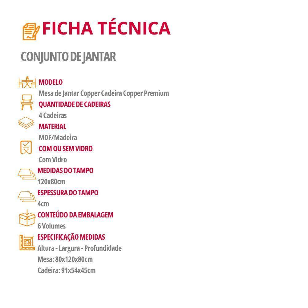 Mesa De Jantar Copper 120cm Tampo Mdf Vidro 4 Cadeiras Turim 07/nat/off/serig. Off - 6