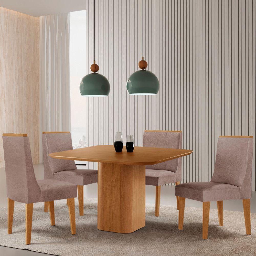 Mesa De Jantar Eloise 90cm Tampo Mdf Com 4 Cadeiras Moderna Linho Capuccino/naturale - 1