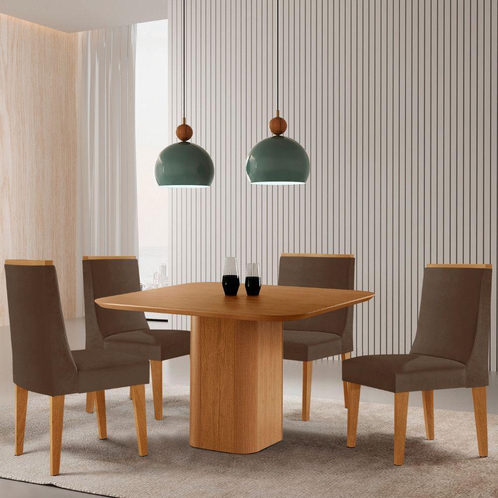 Mesa De Jantar Eloise 90cm Tampo Mdf Com 4 Cadeiras Moderna Veludo Marrom/naturalle - 1