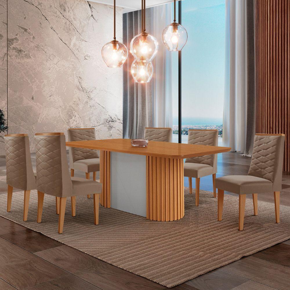 Mesa De Jantar Aspen 180cm Tampo Mdf Laminado 6 Cadeiras Safira Veludo Capuccino/naturale/off White - 1