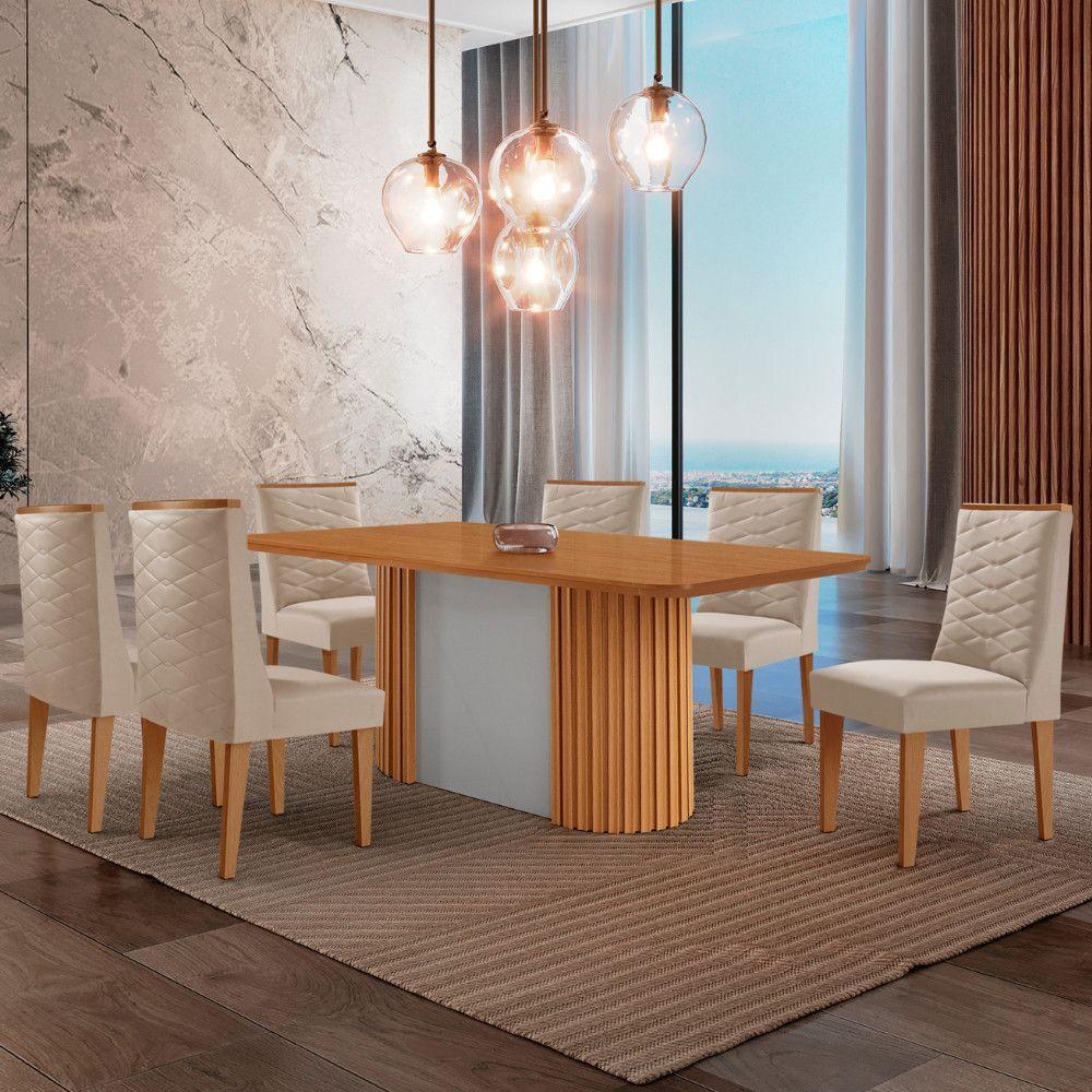 Mesa De Jantar Aspen 180cm Tampo Mdf Laminado 6 Cadeiras Safira Veludo Creme/naturale/off White - 1