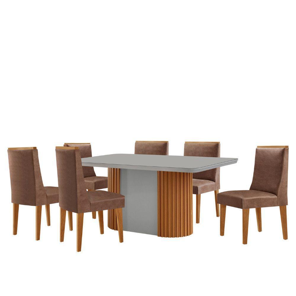 Mesa De Jantar Aspen 180cm Tampo Mdf E Vidro 6 Cadeiras Lisboa Tork /nat/off/serig. Off - 2