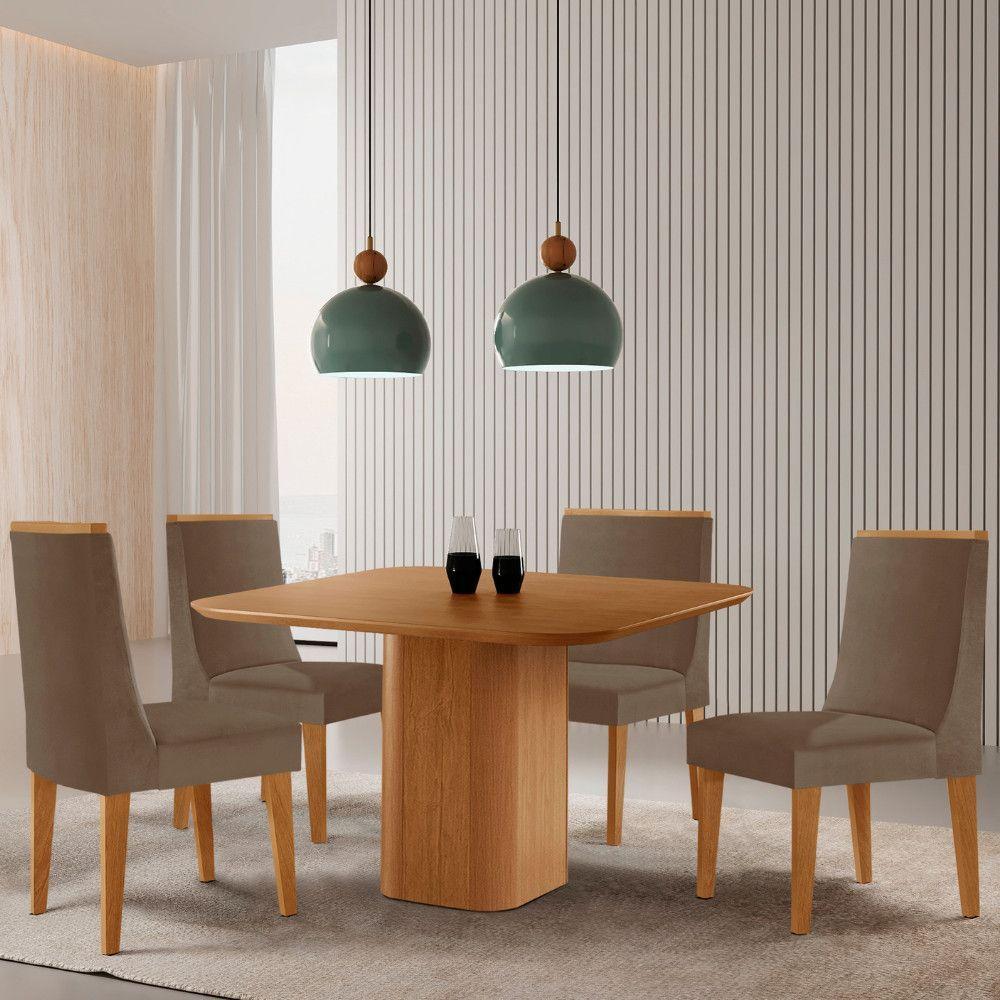 Mesa De Jantar Eloise 90cm Tampo Mdf Com 4 Cadeiras Moderna Veludo Capuccino/naturalle - 1