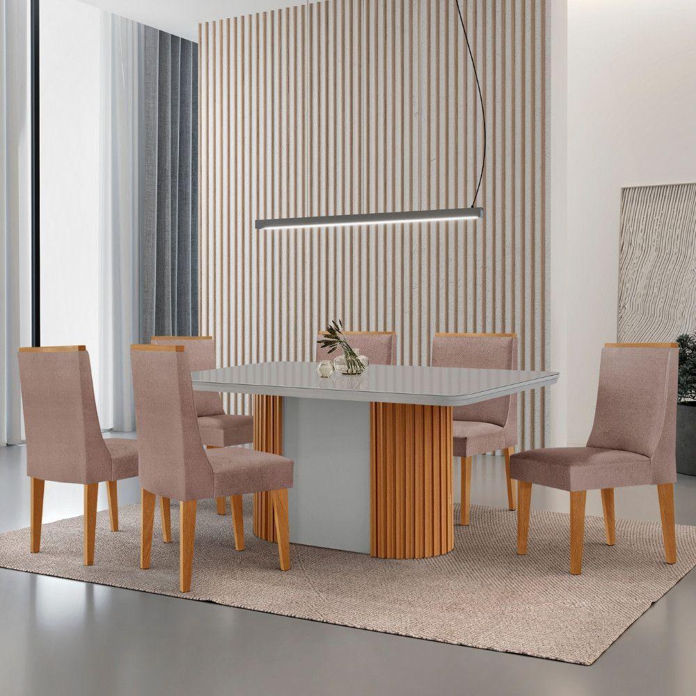 Mesa De Jantar Aspen 180cm Tampo Mdf E Vidro 6 Cadeiras Lisboa Linho Capuccino/nat/off/serig. Off - 1