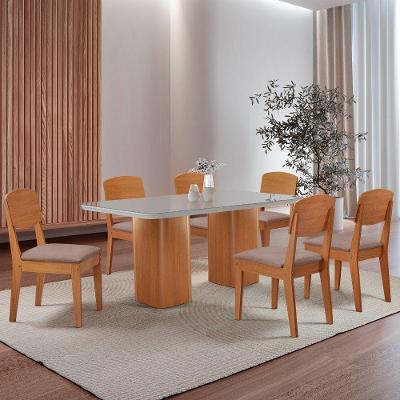 Mesa De Jantar Eloise 180cm Tampo Mdf 6 Cadeiras Moderna Linho Capuccino/nat/off/serig. Off