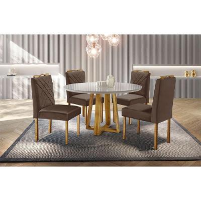 Conjunto Sala de Jantar 4 Lugares Mesa Redonda Tampo MDF com Cadeiras Estofadas Off-White Mel