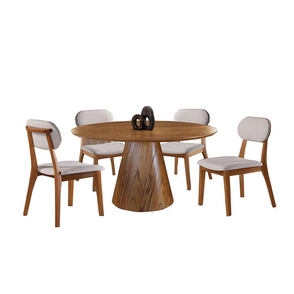 Conjunto Sala De Jantar Mesa Redonda E Cadeiras Maciça Cinamomo/linho Prata - 2