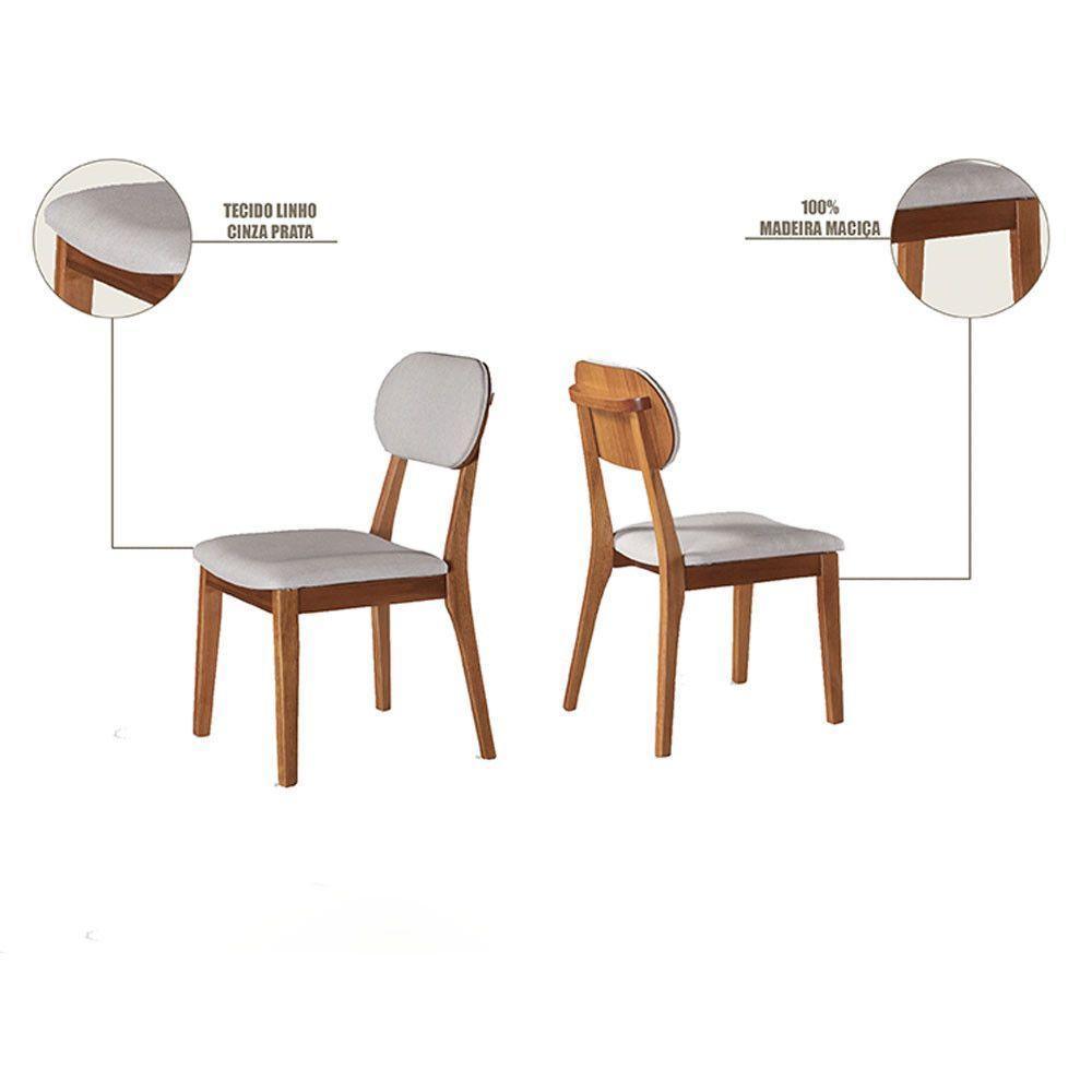 Conjunto Sala De Jantar Mesa Redonda E Cadeiras Maciça Cinamomo/linho Prata - 4