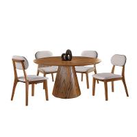 Conjunto Sala De Jantar Mesa Redonda E Cadeiras Maciça Cinamomo/linho Prata - 2