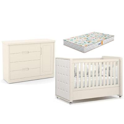 Kit Berço Americano Tutto New em MDF com Colchão Espuma e Cômoda Infantil Off White