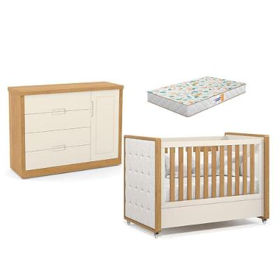 Berço Americano Tutto New com Cômoda 1 Porta 4 Gavetas MDF 140cm Off White Matic Móveis