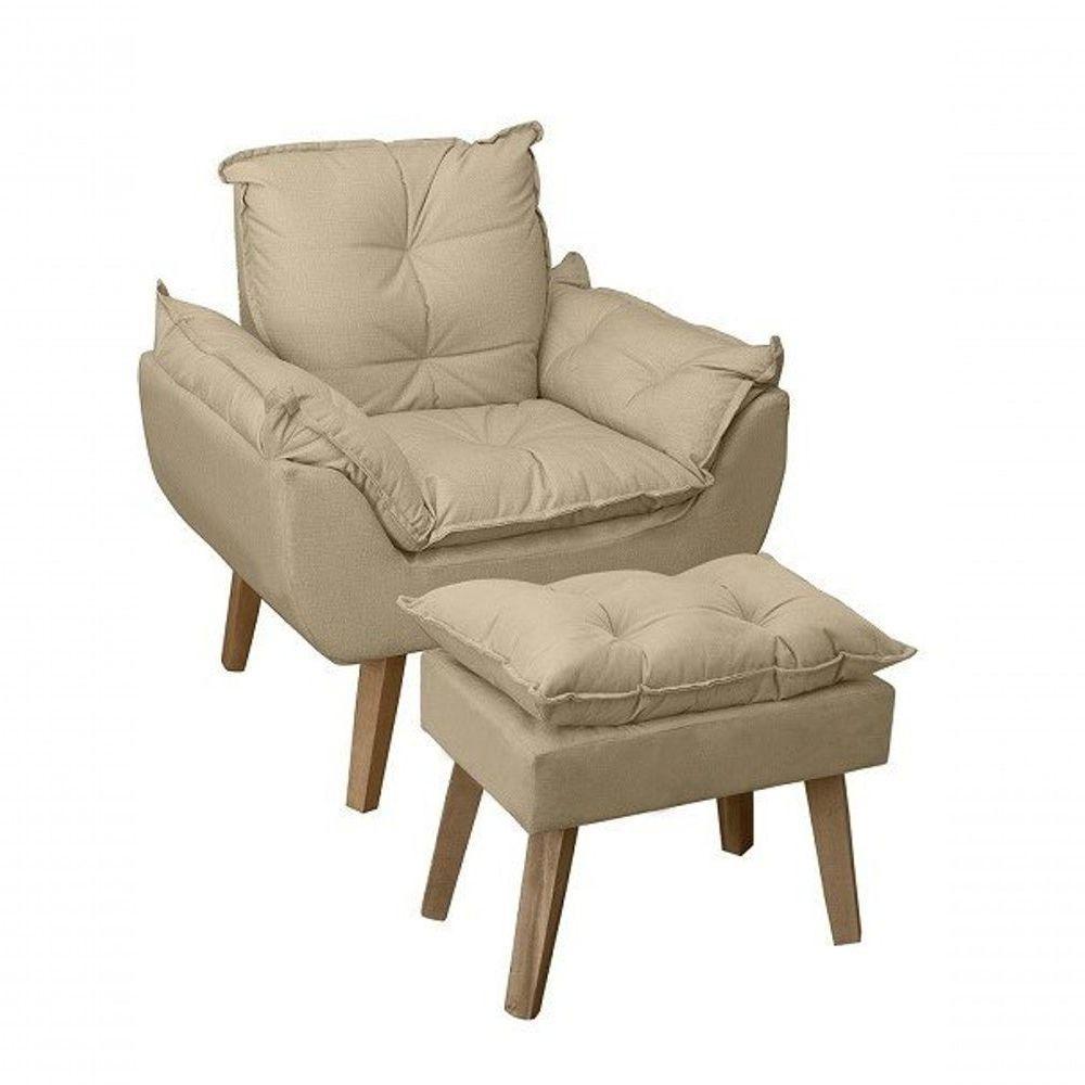 Poltrona/cadeira Decorativa E Puff Glamour 0pala Bege Linho Com Pés Quadrado Bege Linho - 1