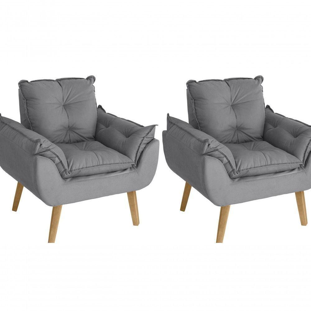 Kit 02 Poltrona/cadeira Decorativa E Puff Glamour Com Pés Quadrado Cinza - 3