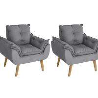 Kit 02 Poltrona/cadeira Decorativa E Puff Glamour Com Pés Quadrado Cinza - 3