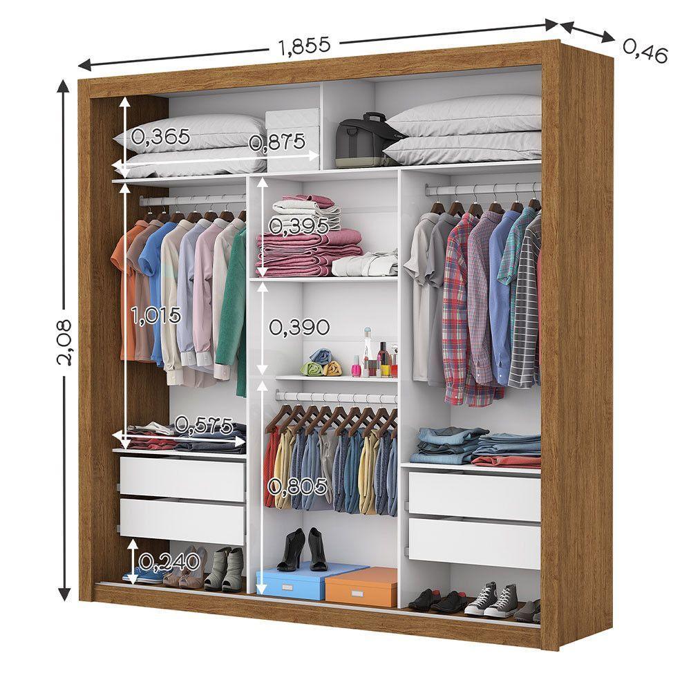 Guarda Roupa Casal Luxo Com Espelho 3 Portas De Correr 4 Gavetas Carioca Moveis Freijó Com Branco - 5