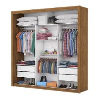 Guarda Roupa Casal Luxo Com Espelho 3 Portas De Correr 4 Gavetas Carioca Moveis Freijó Com Branco